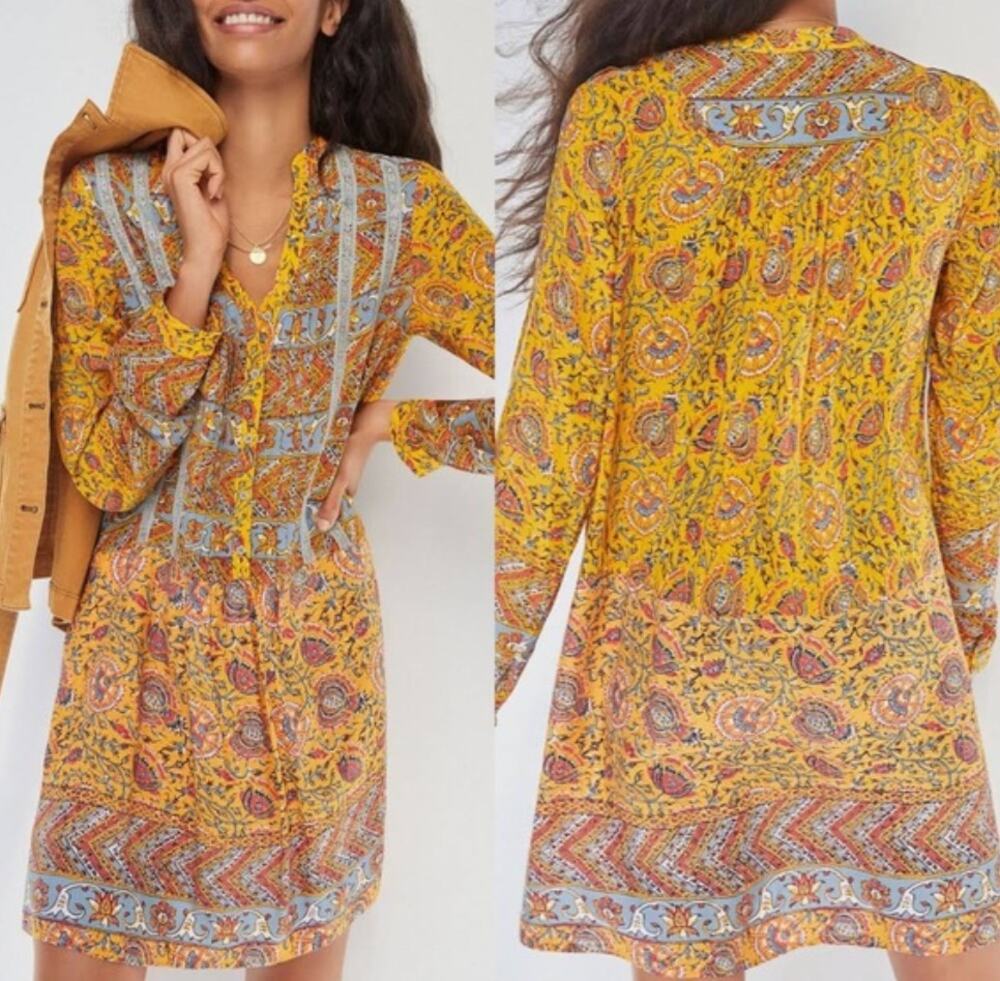 Anthropologie Tiny shirt boho golden yellow dress. Medium